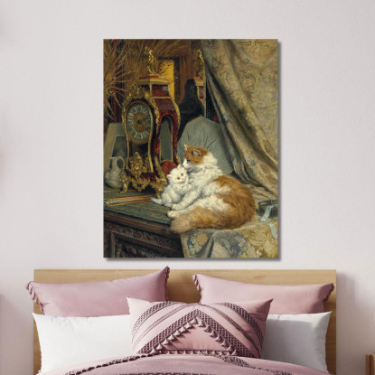 Una Gatta Madre E Il Suo Gattino Con Un Orologio Da Mensola Henriëtte Ronner-Knip hrk2 quadro stampato su tela
