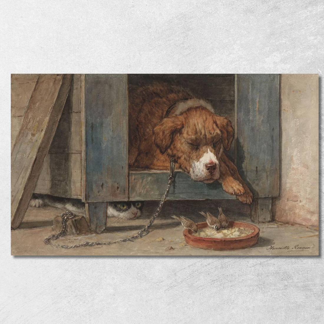 Kat Bespiedt Vogels Bij Een Slapende Hond Henriëtte Ronner-Knip hrk9 quadro stampato su tela Kat Bespiedt Vogels Bij Een Slapende Hond Henriëtte Ronner-Knip hrk9 quadro stampato su tela