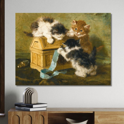 Tre Gattini Con Una Scatola E Un Nastro Blu Henriëtte Ronner-Knip hrk26 quadro stampato su tela