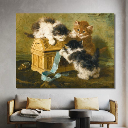 Tre Gattini Con Una Scatola E Un Nastro Blu Henriëtte Ronner-Knip hrk26 quadro stampato su tela