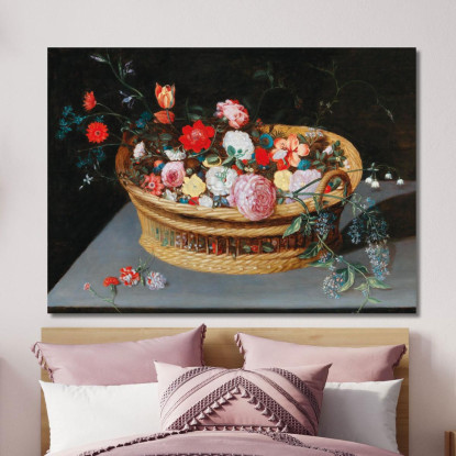 Un Cesto Con Fiori Primaverili Su Un Tavolo Di Pietra Jan Brueghel the Younger jby3 quadro stampato su tela