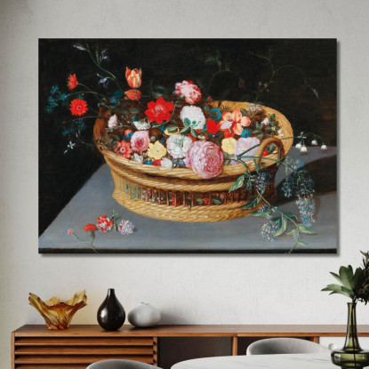 Un Cesto Con Fiori Primaverili Su Un Tavolo Di Pietra Jan Brueghel the Younger jby3 quadro stampato su tela