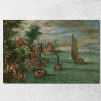 Paesaggio Fluviale Con Traghetti E Barche A Vela Jan Brueghel the Younger jby5 quadro stampato su tela