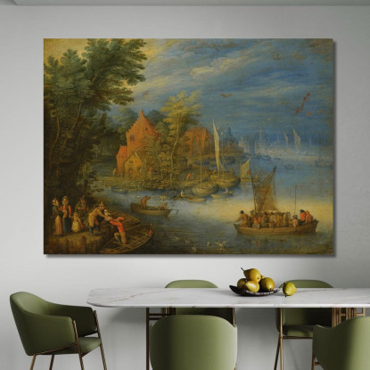Una Città Sulle Rive Di Un Ampio Fiume Con Un Traghetto Carico Che Si Avvicina Alla Riva In Primo Piano Jan Brueghel the Younge