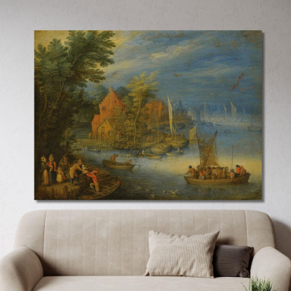 Una Città Sulle Rive Di Un Ampio Fiume Con Un Traghetto Carico Che Si Avvicina Alla Riva In Primo Piano Jan Brueghel the Younge