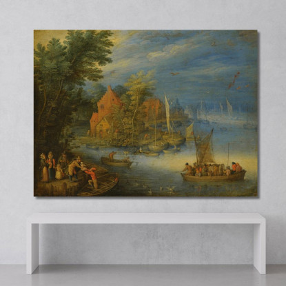 Una Città Sulle Rive Di Un Ampio Fiume Con Un Traghetto Carico Che Si Avvicina Alla Riva In Primo Piano Jan Brueghel the Younge