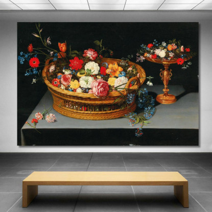 Fiori Misti In Un Cesto Con Una Tazza Vicina Jan Brueghel the Younger jby28 quadro stampato su tela