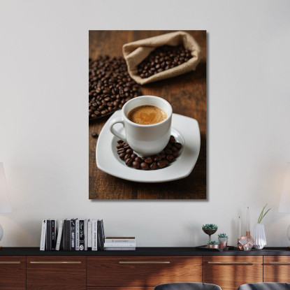 Peinture Moderne Tasse À Expresso Avec Grains De Café Sur Table En Bois tableau impression sur toile