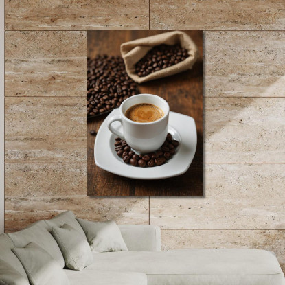 Peinture Moderne Tasse À Expresso Avec Grains De Café Sur Table En Bois tableau impression sur toile