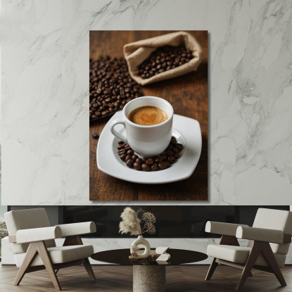Peinture Moderne Tasse À Expresso Avec Grains De Café Sur Table En Bois tableau impression sur toile
