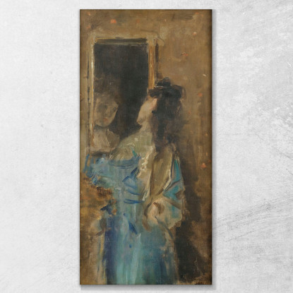 Ragazza In Blu Che Guarda In Uno Specchio Alfred Stevens stal32 quadro stampato su tela