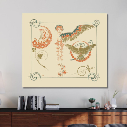 Disegno Astratto Basato Su Fiori Angeli Uccelli Scarafaggi Alphonse Mucha amu7 quadro stampato su tela