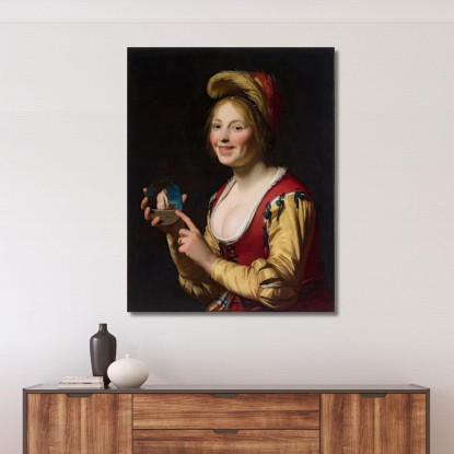 Ragazza Sorridente Una Cortigiana Che Tiene Un'Immagine Oscena Gerard van Honthorst gvh44 quadro stampato su tela