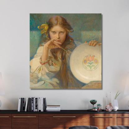 Ragazza Con Un Piatto Con Motivo Popolare Alphonse Mucha amu47 quadro stampato su tela