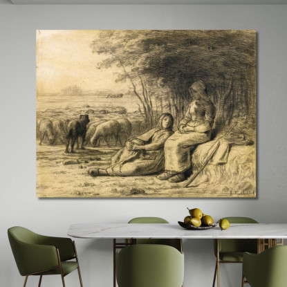 Due Pastorelle E Il Loro Gregge Jean-François Millet jfm84 quadro stampato su tela
