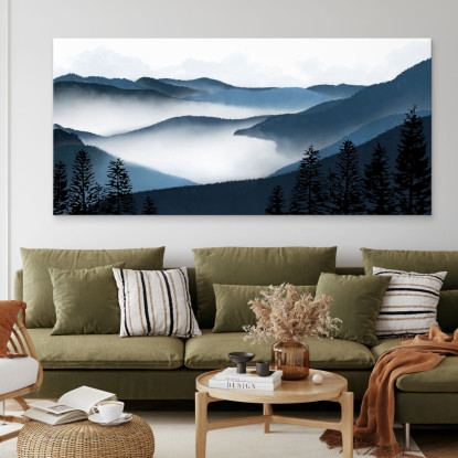 Quadro Paesaggio Astratto Arte Paesaggio Montuoso Nebbioso Con Foresta E Colline Blu abl5 quadro stampato su tela