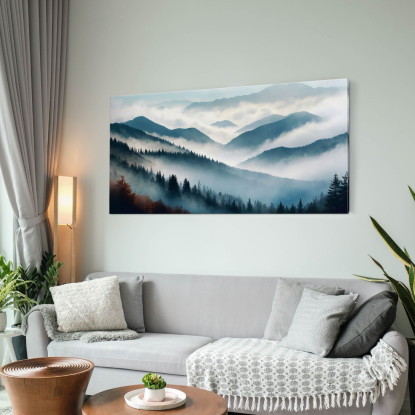 Quadro Paesaggio Astratto Montagna Nebbiosa Foresta Autunnale Blu E Arancione abl18 quadro stampato su tela