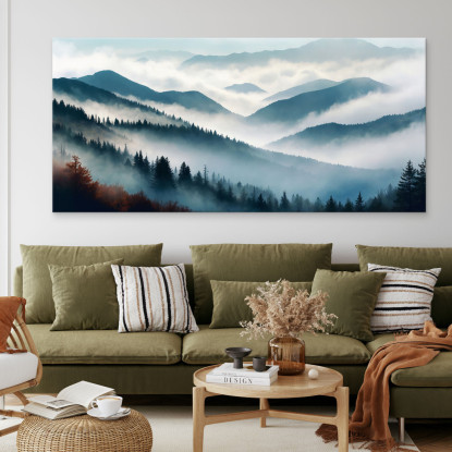 Quadro Paesaggio Astratto Montagna Nebbiosa Foresta Autunnale Blu E Arancione abl18 quadro stampato su tela