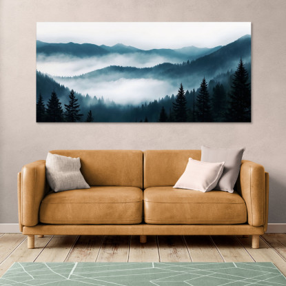 Quadro Paesaggio Astratto Montagna Nebbiosa Foresta Di Pini Scenario Blu E Bianco abl19 quadro stampato su tela