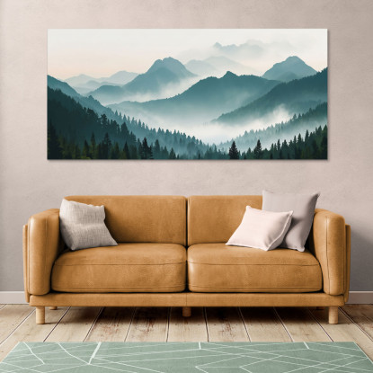 Quadro Paesaggio Astratto Montagne Nebbiose Con Foresta Verde E Cielo Chiaro abl21 quadro stampato su tela