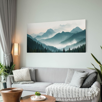 Quadro Paesaggio Astratto Montagne Nebbiose Con Foresta Verde E Cielo Chiaro abl21 quadro stampato su tela