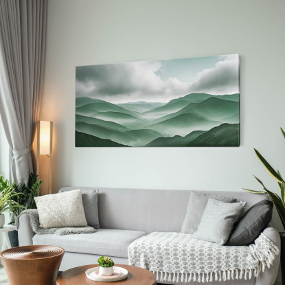 Quadro Paesaggio Astratto Paesaggio Montuoso Con Nebbia Colline Verdi E Cielo Nuvoloso abl28 quadro stampato su tela