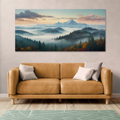 Quadro Paesaggio Astratto Paesaggio Montuoso Nebbioso Con Foresta Autunnale Colorata abl33 quadro stampato su tela