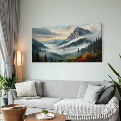 Quadro Paesaggio Astratto Paesaggio Montuoso Nebbioso Con Foresta Autunnale E Vette Innevate abl34 quadro stampato su tela