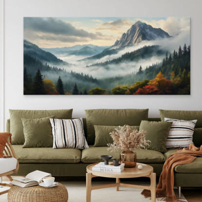 Quadro Paesaggio Astratto Paesaggio Montuoso Nebbioso Con Foresta Autunnale E Vette Innevate abl34 quadro stampato su tela