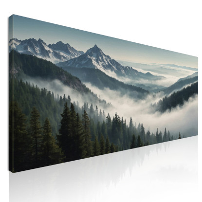 Quadro Paesaggio Astratto Paesaggio Montuoso Nebbioso Con Vette Innevate E Foresta Verde abl37 quadro stampato su tela