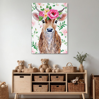 Quadro Per Nursery Decorazione Cameretta Mucca Dolce Con Corona Di Peonie bana1 quadro stampato su tela