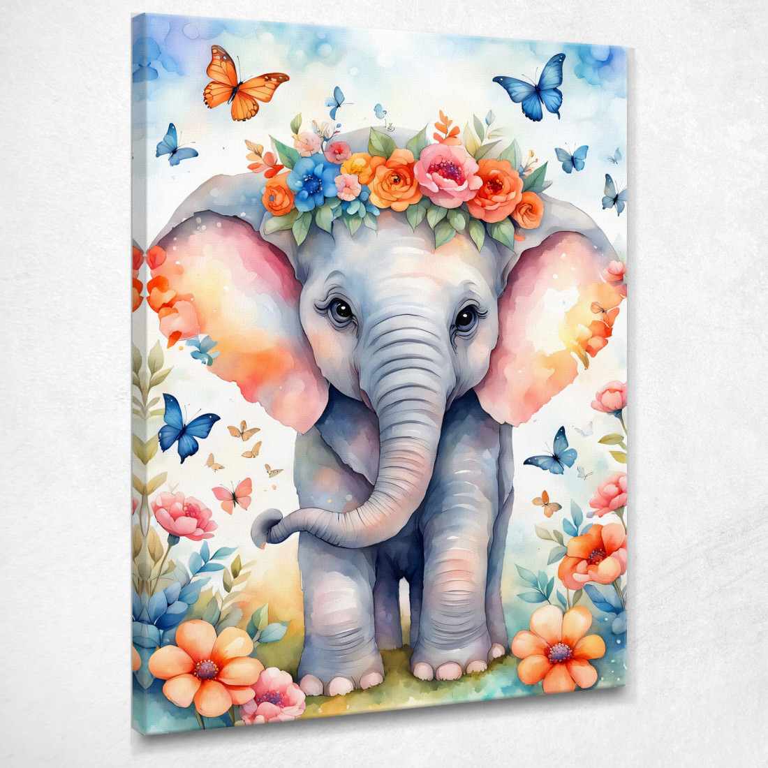 Quadro Per Cameretta Bimbo Bimba Dolce Elefantino Con Fiori E Farfalle Colorate bana3 quadro stampato su tela