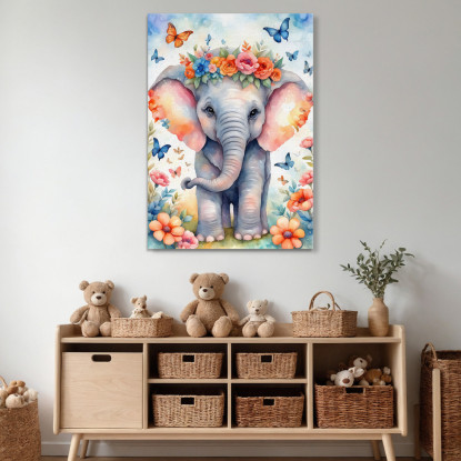 Quadro Per Cameretta Bimbo Bimba Dolce Elefantino Con Fiori E Farfalle Colorate bana3 quadro stampato su tela