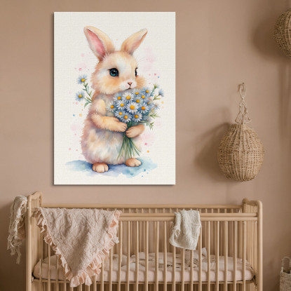 Quadro Per Cameretta Bimbo Dolce Coniglietto Con Fiori Bianchi bana7 quadro stampato su tela