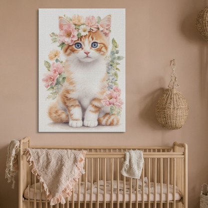 Quadro Per Cameretta Bimba Tenero Gattino Con Fiori Rosa bana8 quadro stampato su tela