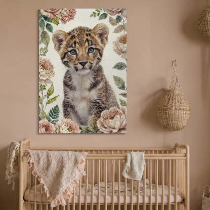 Quadro Per Nursery Decorazione Per Bambino Dolce Cucciolo Di Leopardo Con Fiori bana12 quadro stampato su tela