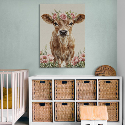 Quadro Per Bimba Decorazione Per Cameretta Mucca Carina Con Corona Di Fiori bana13 quadro stampato su tela