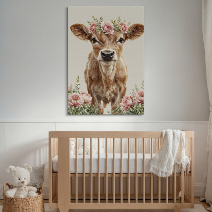 Quadro Per Bimba Decorazione Per Cameretta Mucca Carina Con Corona Di Fiori bana13 quadro stampato su tela