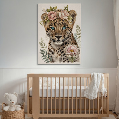 Quadro Decorativo Per Cameretta Bimbo Piccolo Leopardo Con Decorazioni Floreali bana14 quadro stampato su tela