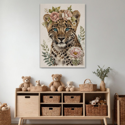 Quadro Decorativo Per Cameretta Bimbo Piccolo Leopardo Con Decorazioni Floreali bana14 quadro stampato su tela