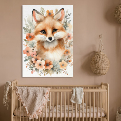 Quadro Per Bambino Decorazione Per Nursery Volpe Con Cornice Di Fiori Arancioni bana16 quadro stampato su tela