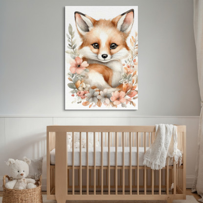 Quadro Per Cameretta Neonata Baby Volpe Con Fiori Beige E Rosa bana17 quadro stampato su tela