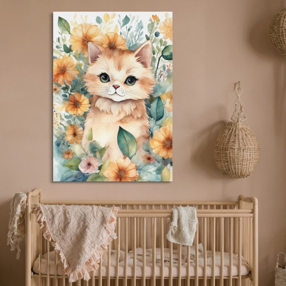 Decorazione Per Nursery Quadro Per Bimba Gattino Floreale Di Fiori Colorati bana18 quadro stampato su tela