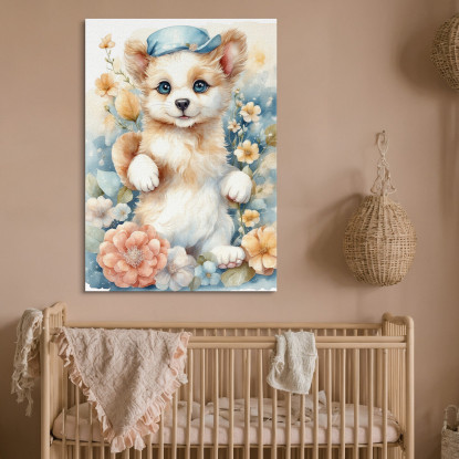 Quadro Per Nursery Decorazione Per Cameretta Cucciolo Di Cane Con Fiorellini E Cappellino bana20 quadro stampato su tela