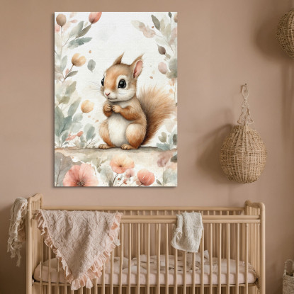 Quadro Per Bambini Decorazione Cameretta Scoiattolo Con Decorazioni Floreali bana23 quadro stampato su tela