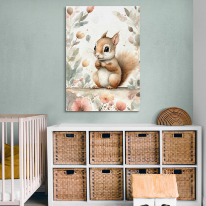 Quadro Per Bambini Decorazione Cameretta Scoiattolo Con Decorazioni Floreali bana23 quadro stampato su tela