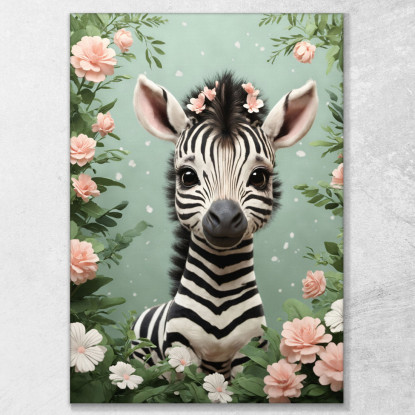 Quadro Per Cameretta Del Neonato Zebra Giocosa In Una Fantasia Floreale bana25 quadro stampato su tela