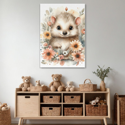 Quadro Per Nursery Decorazione Bimba Piccolo Riccio In Abbraccio Floreale bana26 quadro stampato su tela