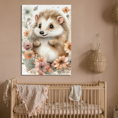 Quadro Decorativo Per Nursery E Cameretta Riccio Carino Circondato Da Fiori bana28 quadro stampato su tela