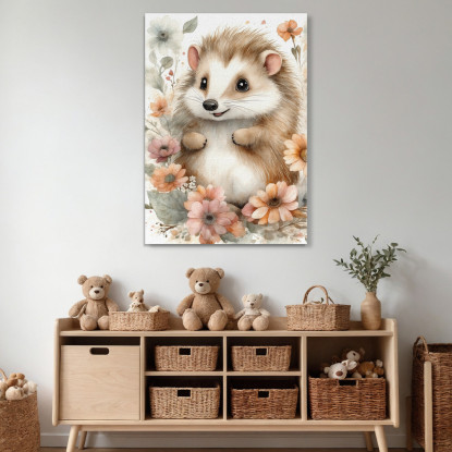 Quadro Decorativo Per Nursery E Cameretta Riccio Carino Circondato Da Fiori bana28 quadro stampato su tela